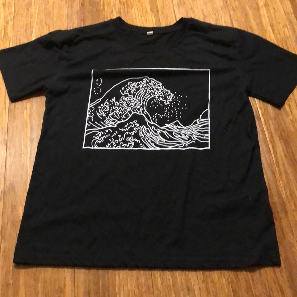 black shirt with graphic wave design